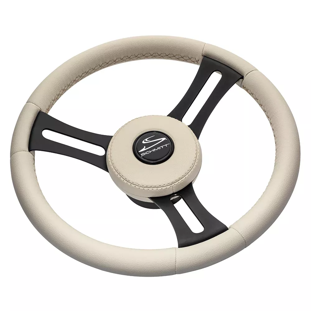 Schmitt Marine Torcello Elite 14" Wheel - Beige LeatherCap - White Stitching - Black SS Spokes - 3/4" Tapered Shaft