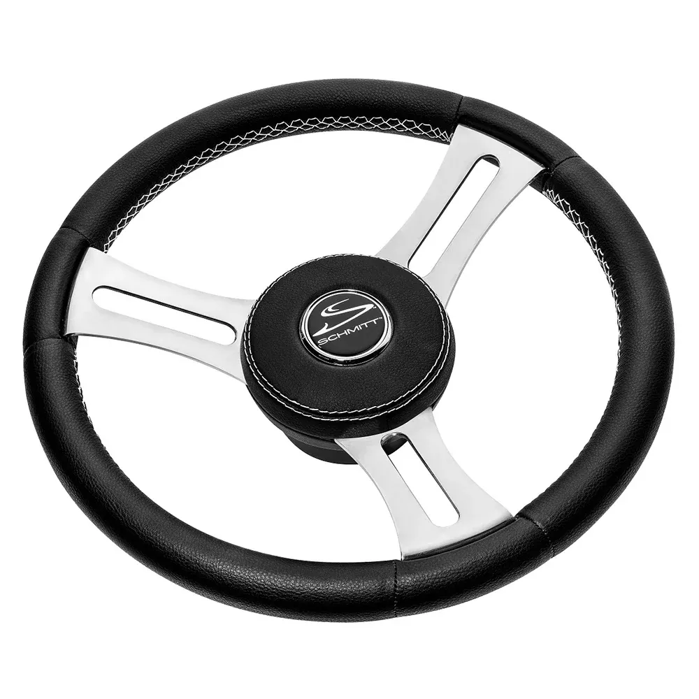 Schmitt Marine Torcello Elite 14" Wheel - Black LeatherCap - White Stitching - Polished SS Spokes - 3/4" Tapered Shaft